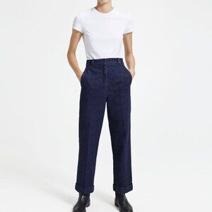 Theory Structured Denim Straight Cuff Pant Indigo Dark Blue 10 High Rise NWT